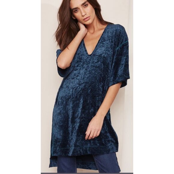 Free People blue/green crushed velvet long short sleeve tunic tee - Picture 2 of 8
